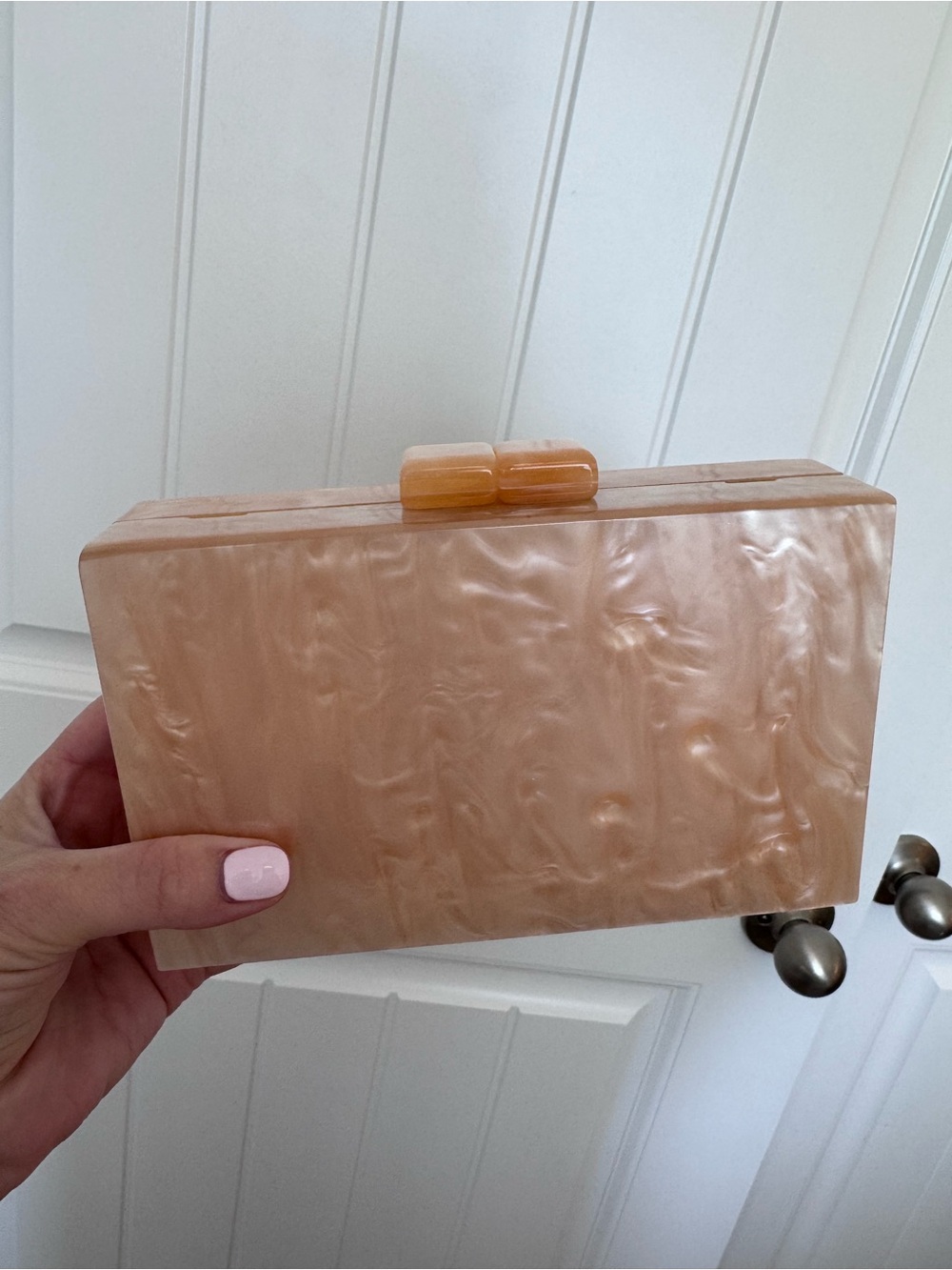 Acrylic Pearlized Peach Box Clutch with Removable Gold Chain